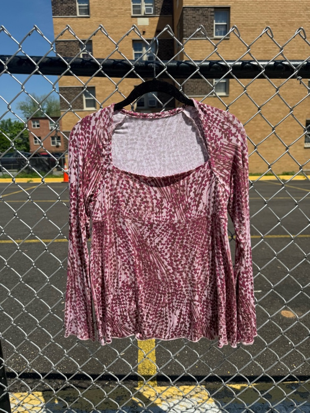 Women's Pink Patterned Long-Sleeve Scoop Neck Top